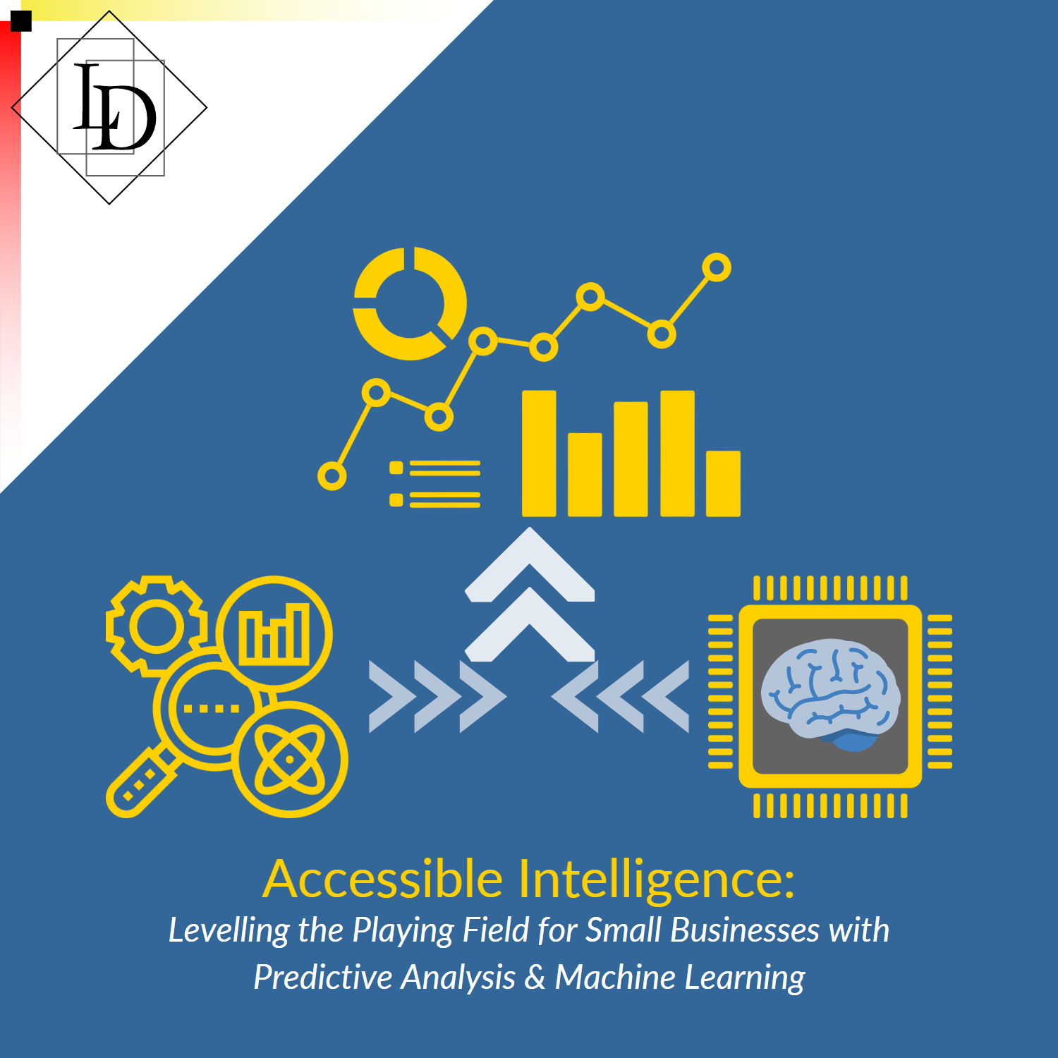 The image is the standard LD thumbnail background, with several graphics in gold. The first, in the centre, is a stylised representation of graphs, charts, and lists. Below and to the left is a graphic of a gear, a chart, a magnifying glass, and an atom, each in it's own bubble. To the right is a graphic of a computer chip, with an image of a brain in the centre. The two lower graphics have arrows point outward to the centre. Where they meet, a larger, brighter set of arrows point upward to the first graphic, suggesting that it results from the previous two graphics. Below is the title "Accessible Intelligence: Levelling the Playing Field for Small Businesses with Predictive Analysis & Machine Learning.